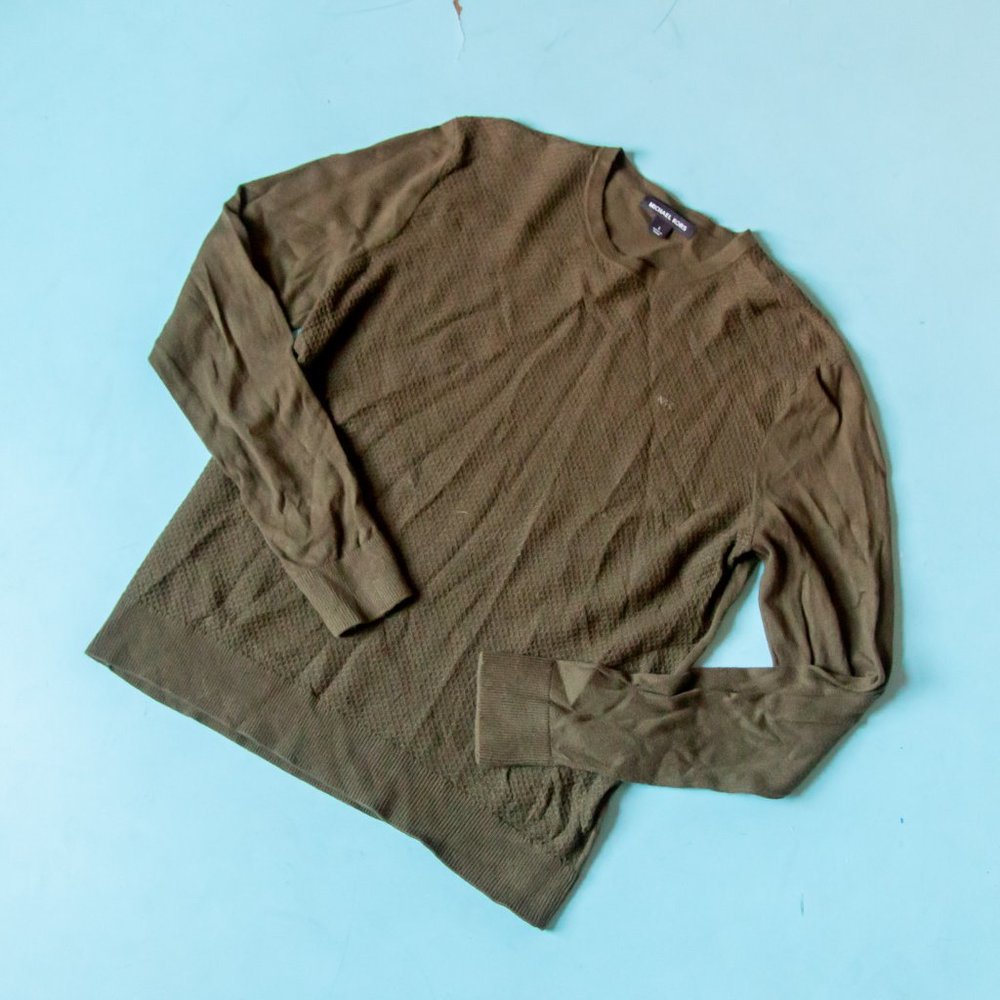 Michael Kors Military Green Textured Knit Wool Blend Crewneck Sweater Sz L
